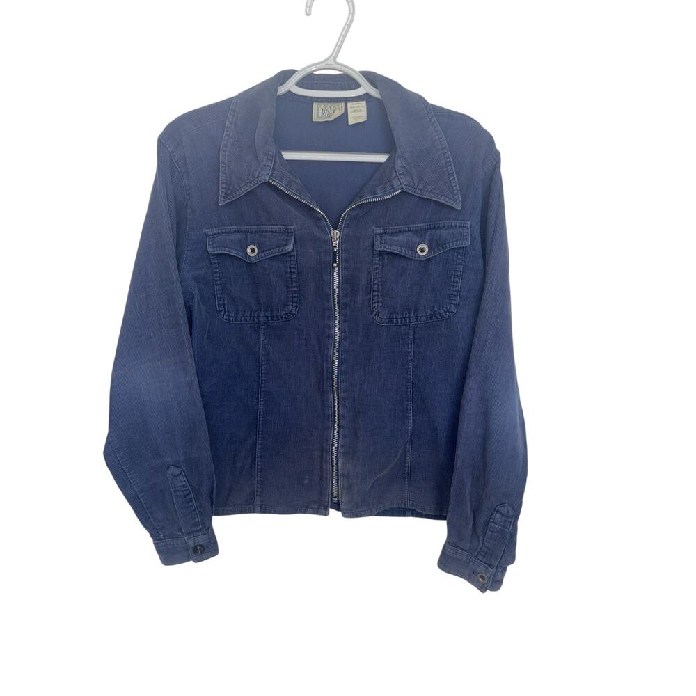 Vtg 90s Navy Fine Wale Corduroy Zip Front Jacket Flap Pockets Medium